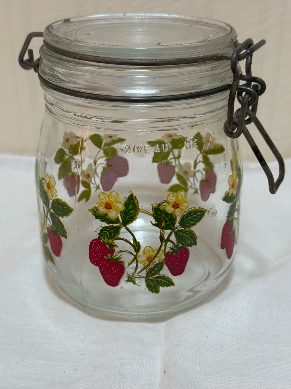 Vintage Arc France Strawberry & Floral Glass Canister Storage 3/4 L